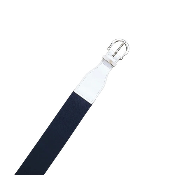 Faux Leather Ended Elastic Stretch Belt Navy/White Silver Metal Buckle  S - Picture 5 of 10